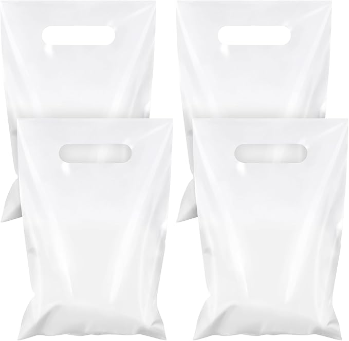 Hxezoc 50 Pieces White Gift Bags with Handle, Plastic Treat Candy Jewelry Bag White Party Favor Bag for Baby Shower Birthday Party Decoration Supplies