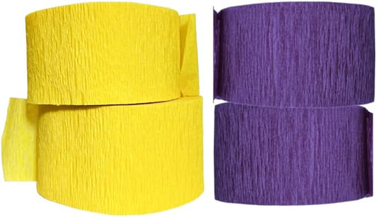 K-Kraft USA-Made Hanging Decorative Crepe Paper Streamers for Birthday, Party, Holiday, School, Wedding, Shower, or Graduation (Purple and Gold Yellow, 2 Rolls Each)