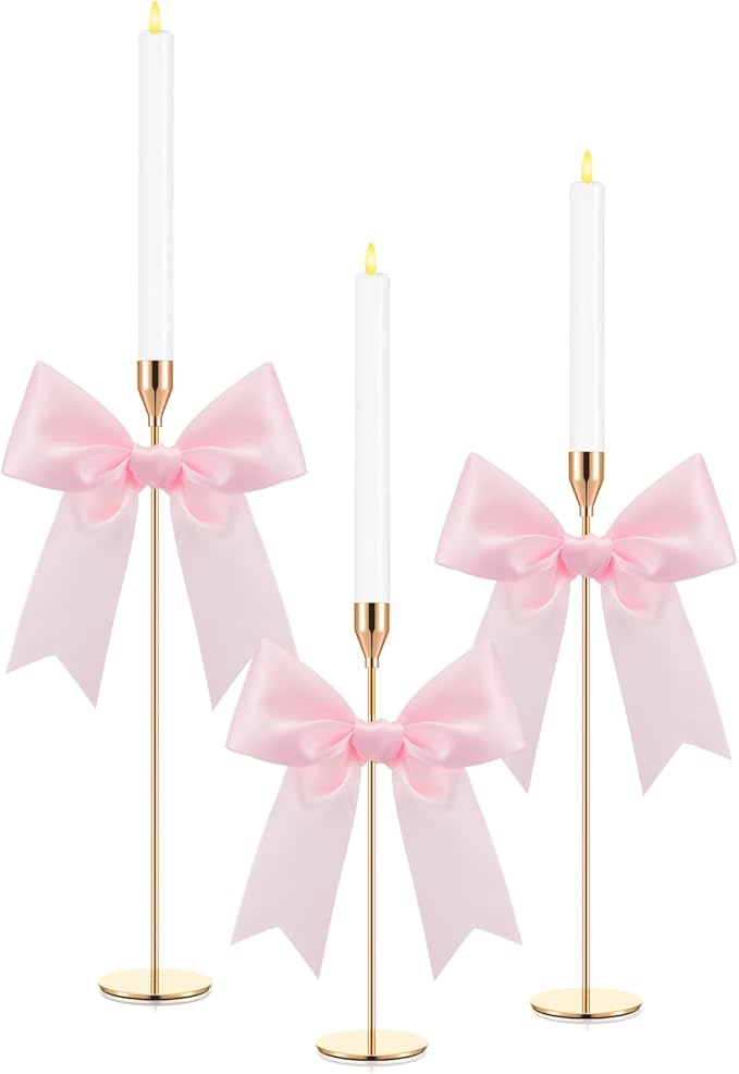 Mumufy 3 Pcs Gold Taper Candle Holder with Pink Christmas Bow Coquette Room Decor Candle Sticks Holder Fits LED Candles, Table Centerpiece Decor for Christmas Wedding Party