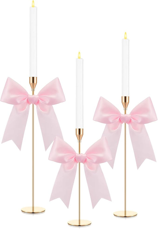 Mumufy 3 Pcs Gold Taper Candle Holder with Pink Christmas Bow Coquette Room Decor Candle Sticks Holder Fits LED Candles, Table Centerpiece Decor for Christmas Wedding Party