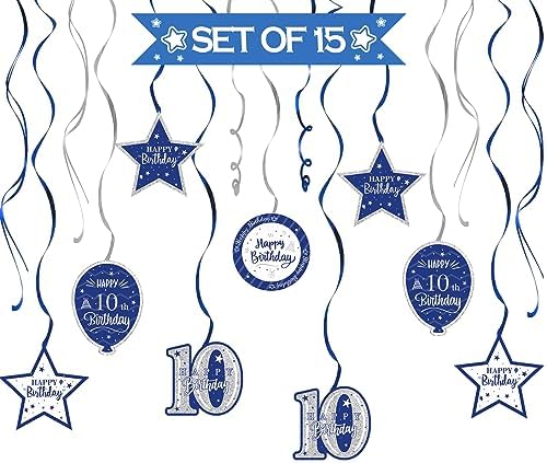 Happy 10th Birthday Blue & Silver Glitter Swirls Streamers Party Decorations - 15 Pcs 10th Birthday Hanging Swirls Streamers Kit,Cheers to Ten Years Old Bday Party Sign.