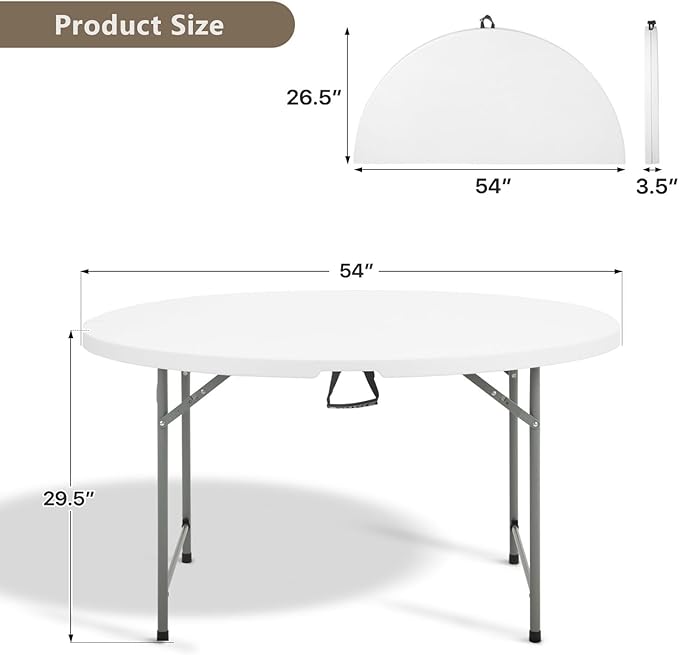 OS MOTOR 4.5ft Round Folding Table with Carry Handle, Portable Heavy Duty Plastic Utility Table with Steel Legs for Party, Wedding, Camping, Indoor, Outdoor Event, 54 Inch, White