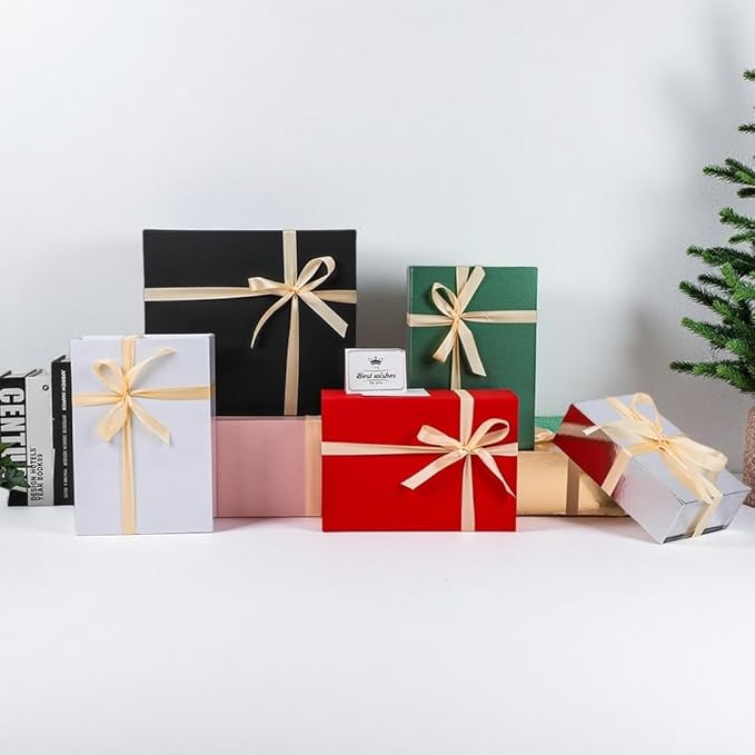 UoeRing 1 Pcs Black Gift Box 11.5x8x4 inch Luxury Gift Box for Presents with Magnetic Lid Collapsible,Birthday,Christmas,Contains Card, Ribbon, Tissue Paper,Shredded Paper Fille