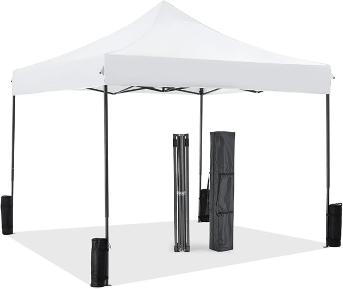 OLIXIS 10x10 Ft Pop Up Canopy Tent, Waterproof Outdoor Canopy, Portable Instant Shade Shelter with Sandbags for Beach, Backyard, Parties, Camping and Commercial Events, Bright White