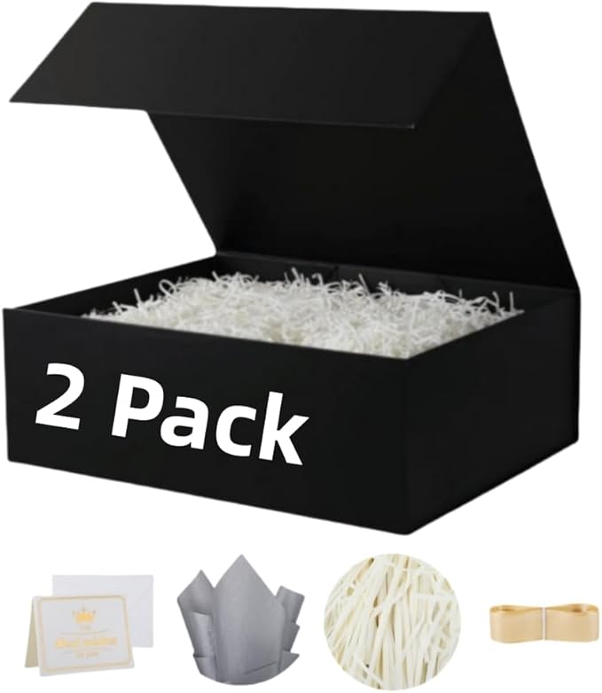 UoeRing 2 pack Black Gift Box Large 13.5x11.8x4.7 inch Luxury Gift Box for Presents with Magnetic Closure Lid Collapsible,Contains Card, Ribbon, Tissue Paper,Shredded Paper Filler