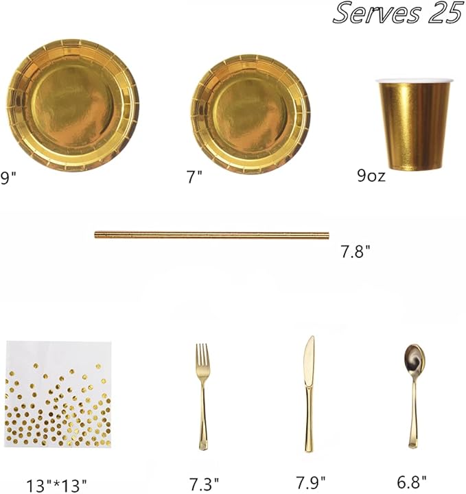 200pcs Solid Gold Party Supplies - Gold Paper Plates & Napkins, Silverware, Serves 25 Sets for Wedding, Bridal Shower, Engagement, Birthday Parties