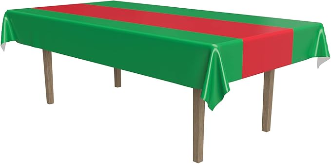 Beistle Red & Green Striped Tablecover, 54” x 108” – Plastic Table Cloth, Rectangular Tablecloth, Table Covers for Party, Holiday Party Supplies, Christmas Decorations