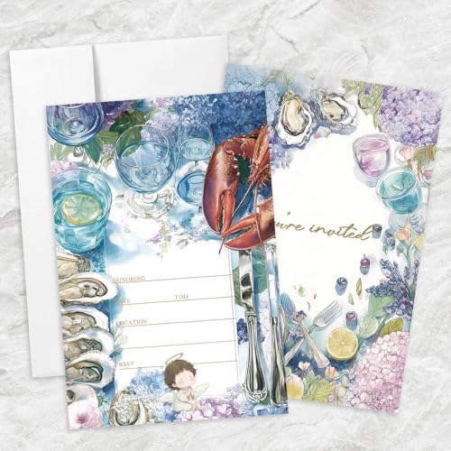 AEHIE 20 Sets Coastal Beach Seafood Boil Party Invitations With Envelopes, Coastal Ocean Floral Party Invitations Invite Cards for Women Men Ladies Girls Adults