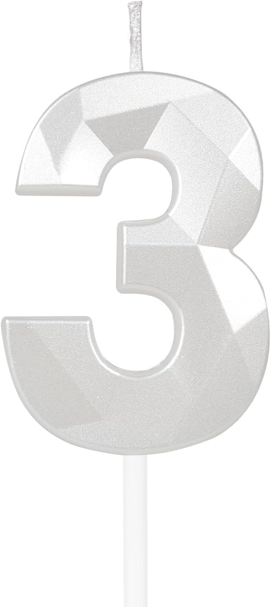 Number 3 Candles,3rd Birthday Candles,White Happy Birthday Candle for Cake,3D Design Cake Topper Decorations for Girl Women Pet Birthday Party Wedding Anniversary Celebration Supplies