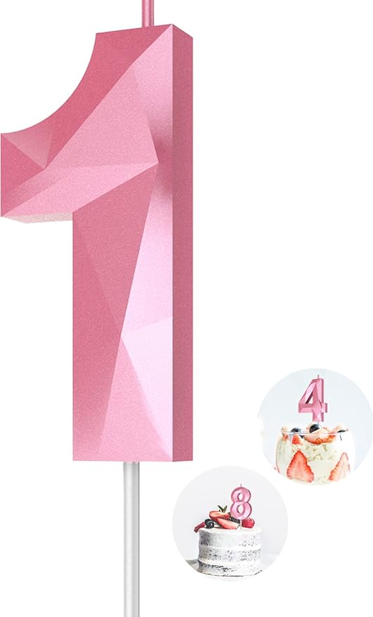 Number Birthday Candles(1 Candle Pink) 3D Diamond Shape 1st Happy Birthday Cake Topper Decorations for Girl Women Birthday Wedding Anniversary Celebration Theme Party Supplies