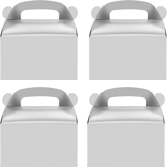 30-Pack Silver Party Favor Treat Boxes, Goodie Boxes, Gable Paper Gift Boxes with Handles. Perfect for Wedding, Birthday, Graduation, Babyshower.
