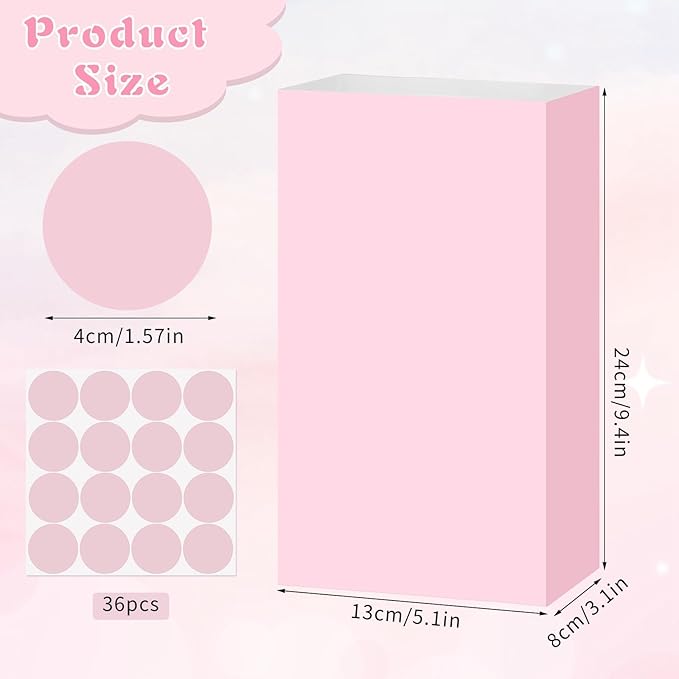 woric 36PCS Pink Paper Bags with Stickers, Small Pink Party Favor Bags for Girls Birthday Self Stand Goodie Gift Bag for Kids Baby Shower Wedding Party Decor
