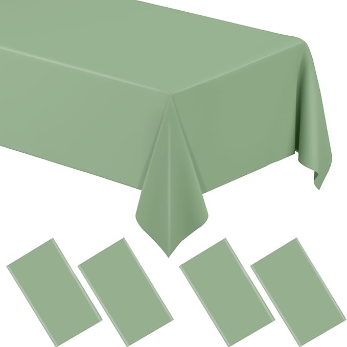 WNINK 4 Pcs Sage Green Plastic Tablecloth for Rectangle Tables Waterproof Green Disposable Table Cover Green Tablecloths for Birthday Wedding Bridal Shower Engagement Parties (54 x 108 Inch)