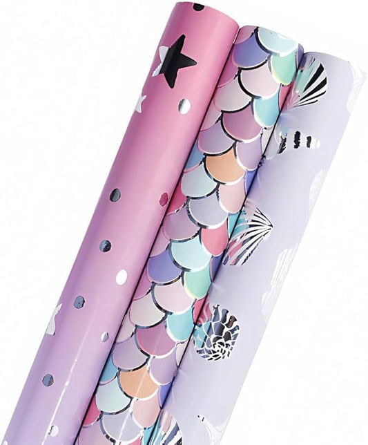 Pink Mermaid Wrapping Paper Roll - Mini Roll - 3 Rolls Pink Lavender Purple Foil Mermaid Scale Scallop Girls Wrapping Paper Gift Wrap for Girl Baby Shower Birthday Wedding-17x120 inch(10feet) Per Roll