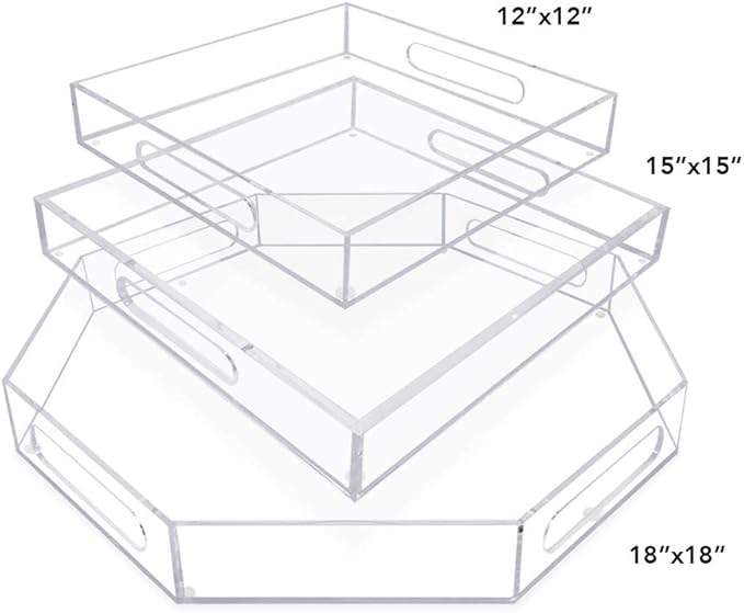 Isaac Jacobs Clear Acrylic Serving Tray (15x15) with Cutout Handles, Spill-Proof, Stackable Organizer, Space-Saver, Food & Drinks Server, Indoors/Outdoors, Lucite Storage Décor & More