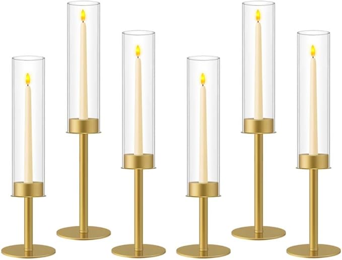 2set 6pc Gold Hurricane Glass Candle Holders,Taper Candle Holders Candlestick Holders Wedding Table Centerpiece Decoration Christmas Party