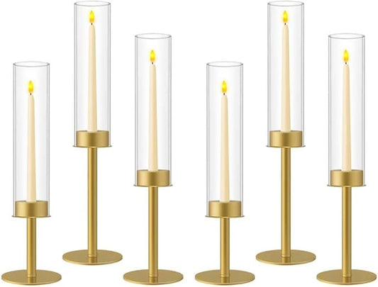 2set 6pc Gold Hurricane Glass Candle Holders,Taper Candle Holders Candlestick Holders Wedding Table Centerpiece Decoration Christmas Party