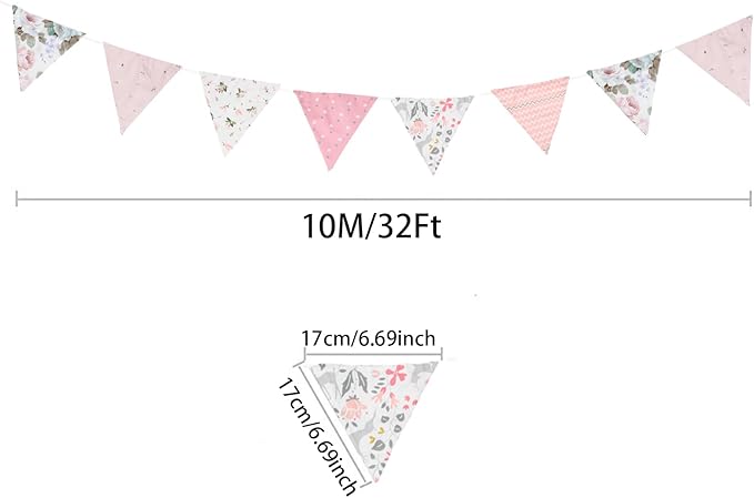 Zwiebeco 32Ft Pink Fabric Floral Pennant Banner Bunting Cotton Pinkish Flowers Triangle Flags Party Decorations for Birthday Wedding Engagement Bridal Baby Shower Rustic Village Home Garden Decor