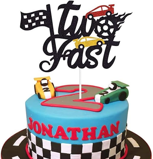 Marwey Cars Cake Topper - Two Fast Birthday Decor - Car Theme 2nd Birthday Cake Decoration, Chequered Flag Themed Party Supplies Decorations(Doubled-Sided)