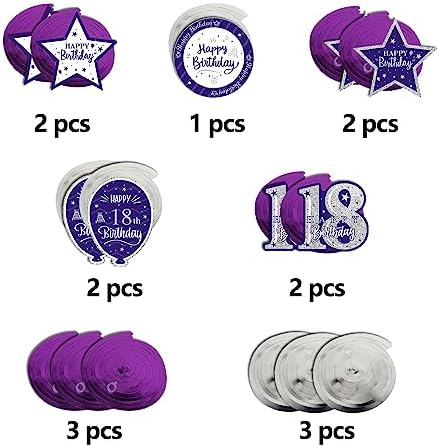 Happy 18th Birthday Purple & Silver Glitter Swirls Streamers Party Decorations - 15 Pcs 18th Birthday Hanging Swirls Streamers Kit,Cheers to Eighteen Years Old Bday Party Sign.