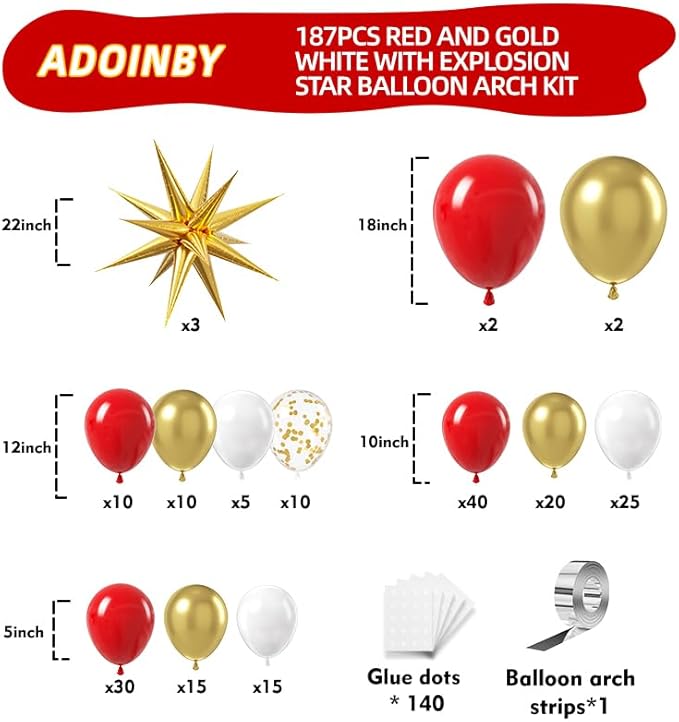 Red and Gold White Balloon Garland Arch Kit, 187Pcs Explosion Star Balloons Red White Metallic Gold Confetti Latex Balloon for Galentine's Valentine's Day Birthday Christmas Party Decoration