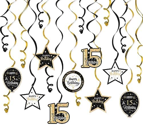 Happy 15th Birthday Black & Gold Glitter Swirls Streamers Party Decorations - 15 Pcs 15th Birthday Hanging Swirls Streamers Kit,Cheers to Fifteen Years Old Bday Party Sign.