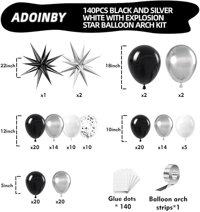 Black and Silver White Balloon Arch Kit, 140Pcs Explosion Star Black and Silver White Balloon 22 18 12 10 5 Inch Different Size Balloons for Birthday Anniversary New Years Party Decorations