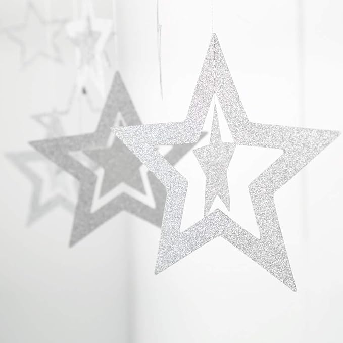Glitter Silver Star Garlands Kit Metallic 3D Star Hanging Paper Garland Multi-shaped Twinkle Star Birthday Party supplies Wedding Baby Shower Christmas Decorations for Nursery Kids Boys Girls Room