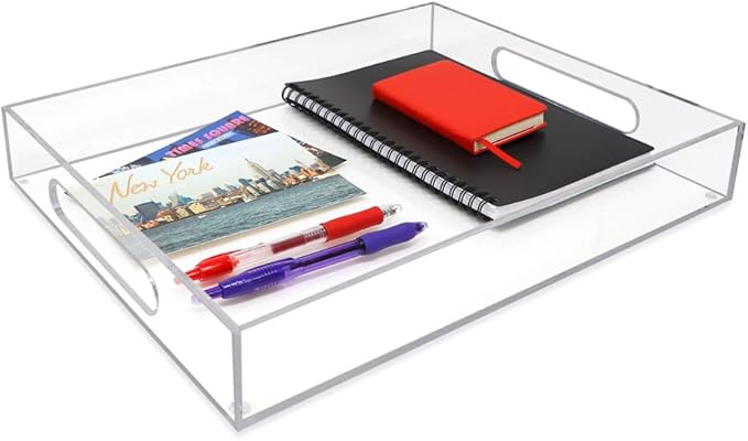 Isaac Jacobs Clear Acrylic Serving Tray (11x17) with Cutout Handles, Spill-Proof, Stackable Organizer, Space-Saver, Food & Drinks Server, Indoors/Outdoors, Lucite Storage Décor & More