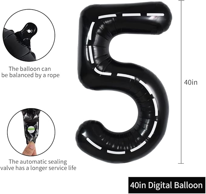 TONIFUL Race Car Black Balloons Car Birthday Party Supplies,40 Inch Giant Jumbo Helium Foil Mylar Big Number 5 Digital 5 Balloons for Boy's Birthday Party Truck Race Car Theme Party Decorations
