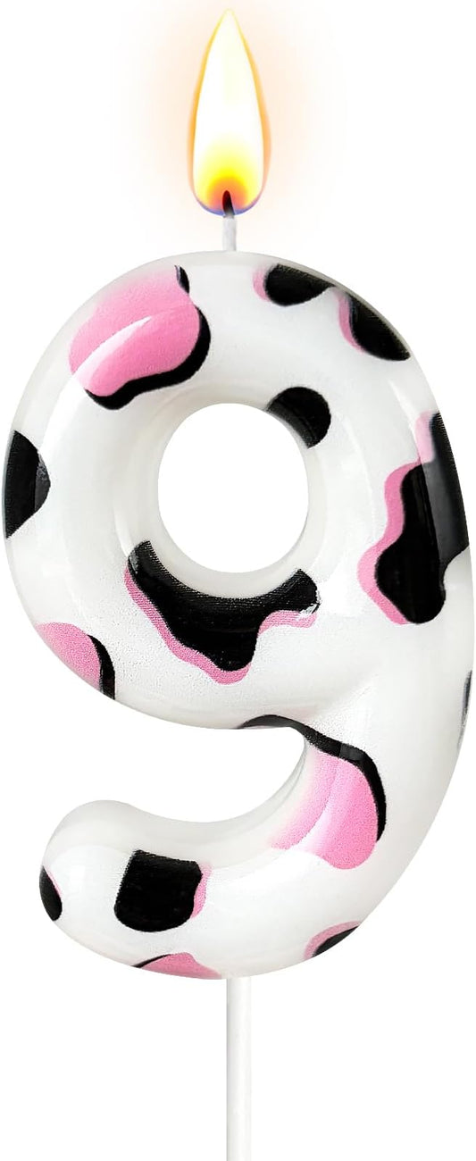 Number 9 Birthday Candle for Cake – Cow Print Design in White Black Pink – Farm Theme & Cowgirl Party Cake Topper Decoration