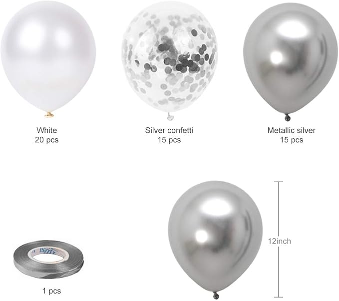 White Silver Confetti Latex Balloons, 50 Pack 12inch Silver Metallic Party Balloon Set with Silver Ribbon for Wedding Birthday Baby Shower Decorations