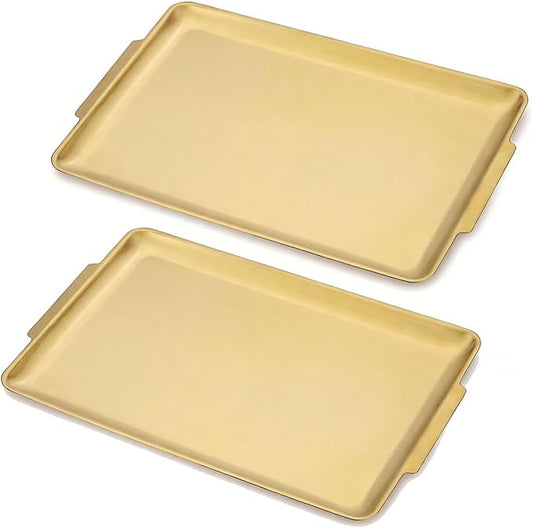 16.3" x 11" Large Serving Platters Set of 2, Stainless Steel Heavy-Duty Large Serving Trays, Gold Rectangular Plates for Food, Fruit, Party, Wedding, Christmas, Chip and Scratch Resistant