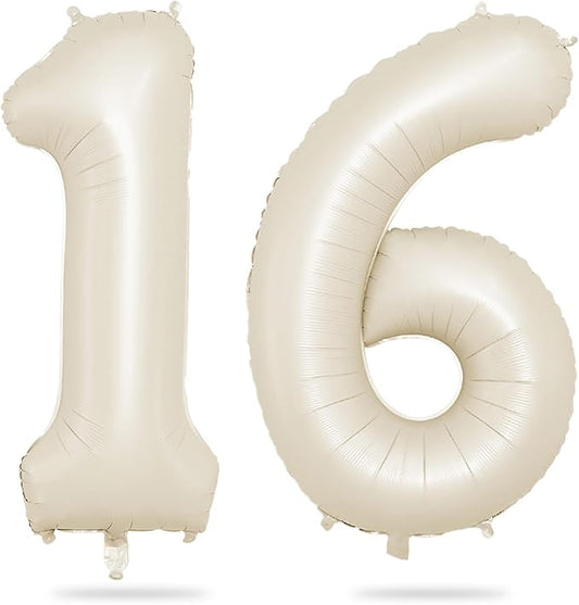Biapian 40 Inch Cream Number 16 Balloon, 16th Birthday Balloons, Big Digital 16 or 61 Beige White Giant 16 Foil Balloon Helium for 61st 16th Birthday Decorations Anniversary Baby Shower Party Supplies