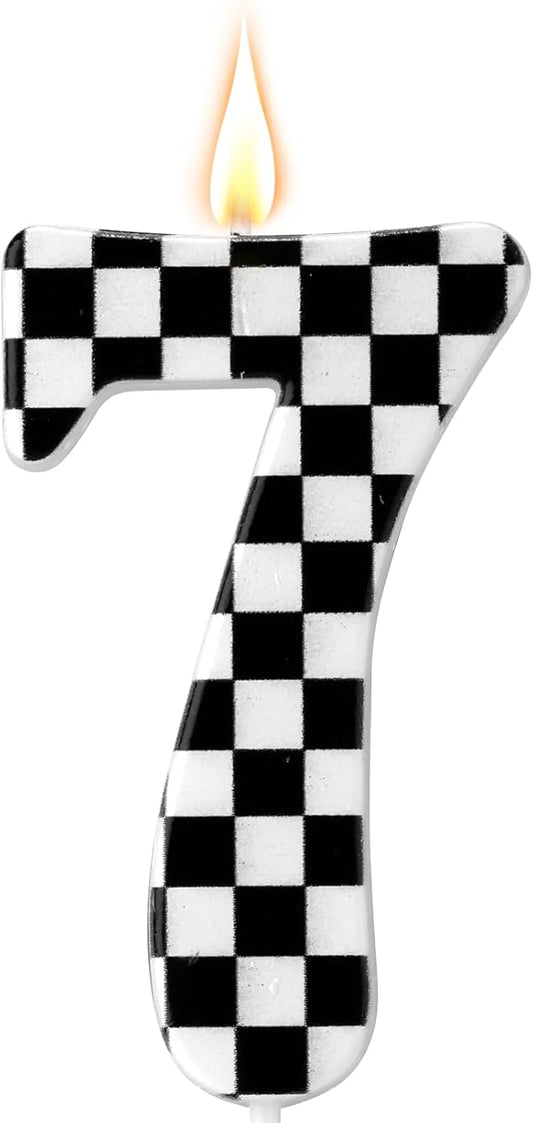 Racing Cars Themed Birthday Candle, Checkered Flag Number Candles Black and White Candles Happy Birthday Cake Topper Party Decorations for Boys Racing Cars Themed Party Supplies (Number 7)
