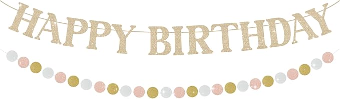 Happy Birthday Banner, Pre-Strung Champagne Gold Birthday Party Decorations, Glitter Birthday Signs for Party with Circle for Door Wall Mantle Hanging Sign Backdrop Supplies