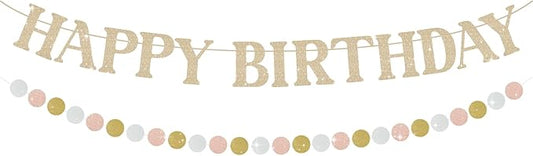 Happy Birthday Banner, Pre-Strung Champagne Gold Birthday Party Decorations, Glitter Birthday Signs for Party with Circle for Door Wall Mantle Hanging Sign Backdrop Supplies