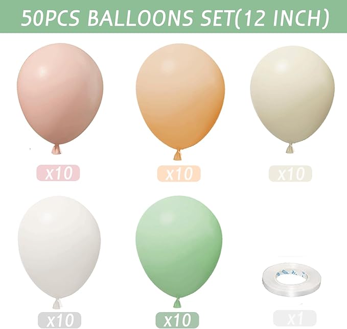 Sage Green Pink Balloons,50Pcs 12 Inch Pastel Light Pink Dusty Sage Green Nude Sand White Boho Balloons for Baby Shower Birthday Bridal Shower Wedding Tea Party Decorations
