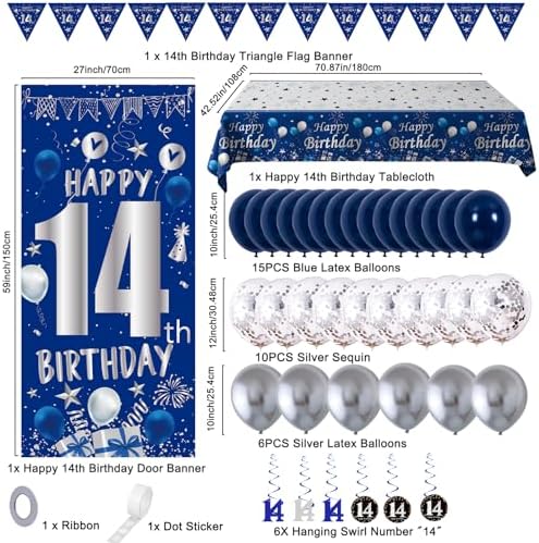 14th Birthday Decorations for Boys Girls, Blue 14 Year Old Party Supplies