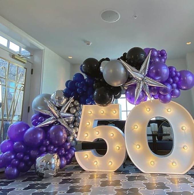 Purple Black Silver Latex Balloons, 65pcs 12 Inches Metallic Silver Purple Confetti Balloons with 1 Ribbon for Halloween, Birthday, Graduation, Anniversary party decorations