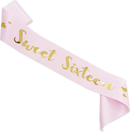 MGJSRNH Sweet Sixteen' Pink Satin Birthday Sash for Girls,Cute Princess Birthday Party Decorations Gifts,Happy 16th Birthdays Party Favor Supplies