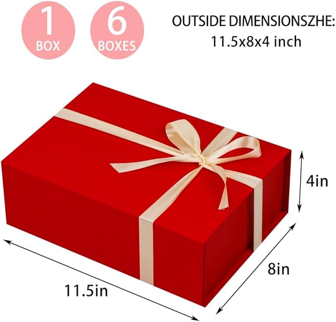 UoeRing 6 Pack Red Gift Box 11.5x8x4 inch Luxury Gift Box for Presents with Magnetic Lid Collapsible,Valentine's Day,Christmas,Contains Card, Ribbon, Tissue Paper,Shredded Paper Fille