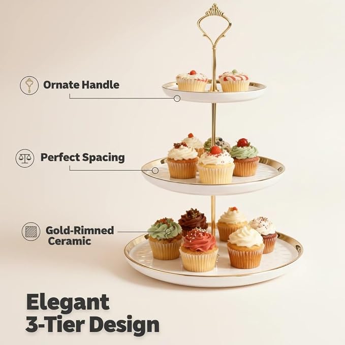 3-Tier Ceramic Cupcake Stand with Gold Trim - Elegant Dessert Serving Platter for Cakes, Pastries, Snacks & Fruits - Parties, Afternoon Tea & Home Decor (White)