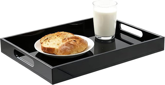 Sturdy 16" Acrylic Serving Tray with Handles - Ottoman Coffee Table Organizer for Food, Tea, Snacks, Vanity & Kitchen Countertop - Multi-Use for Bathroom, Living Room, Bar Parties (Black)