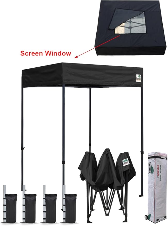 Eurmax USA Printed 5x5 Flat Top Pop Up Canopy Tent Commercial Instant Canopies with Heavy Duty Roller Bag,Bonus 4 Sand Weights Bags (Black with Screen Window)