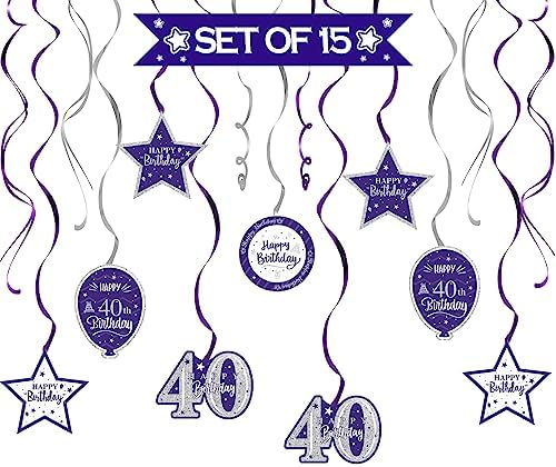 Happy 40th Birthday Purple & Silver Glitter Swirls Streamers Party Decorations - 15 Pcs 40th Birthday Hanging Swirls Streamers Kit,Perfect for 40th Bday Party Sign.