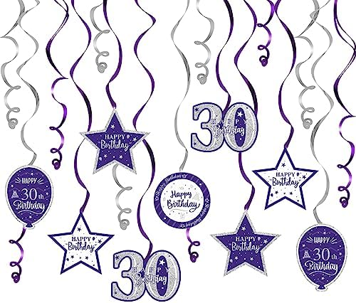 Happy 30th Birthday Purple & Silver Glitter Swirls Streamers Party Decorations - 15 Pcs 30th Birthday Hanging Swirls Streamers Kit,Cheers to Thirty Years Old Bday Party Sign.