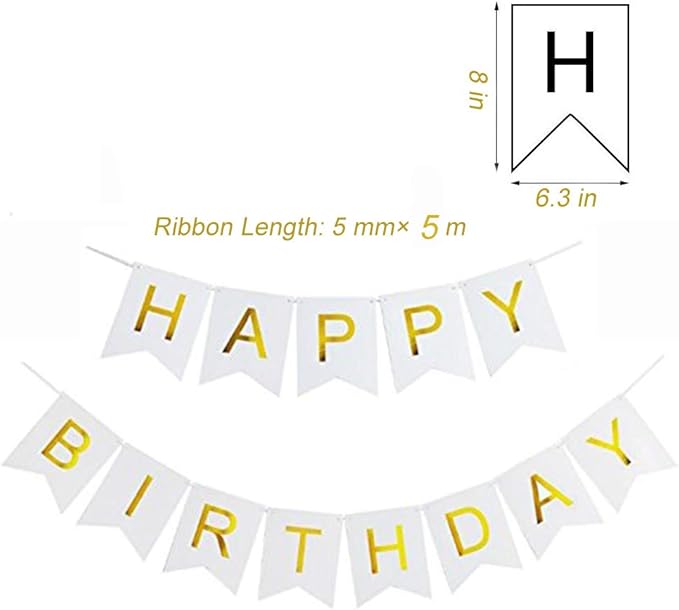 White HAPPY BIRTHDAY Banner with 5 pcs Gold Confetti Balloons