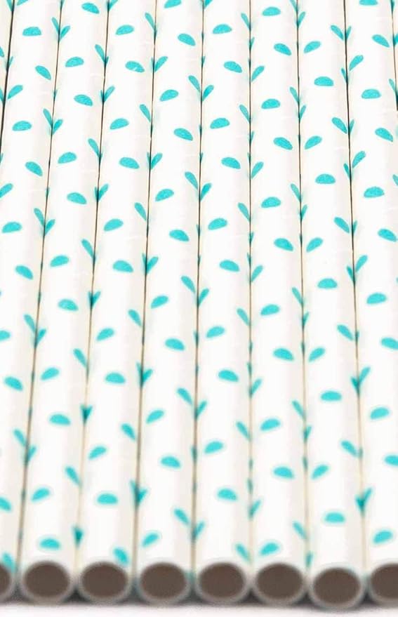Pack of 300 Teal Blue Polka Dot Biodegradable 4-Ply Paper Drinking Straws (Compostable, Non-toxic, BPA-free)