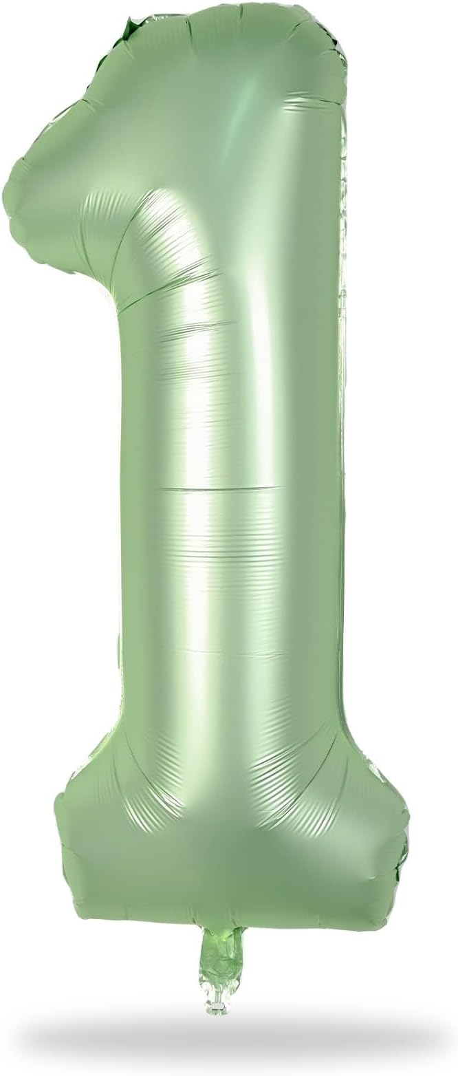 Sage Green 1 Balloons, 40 Inch Giant Olive Green Helium Foil Number 0-9 for Girls, Self Inflating 1st Birthday Balloon for Boys Women Anniversary Baby Shower Jungle Safari Party Decorations Supplies